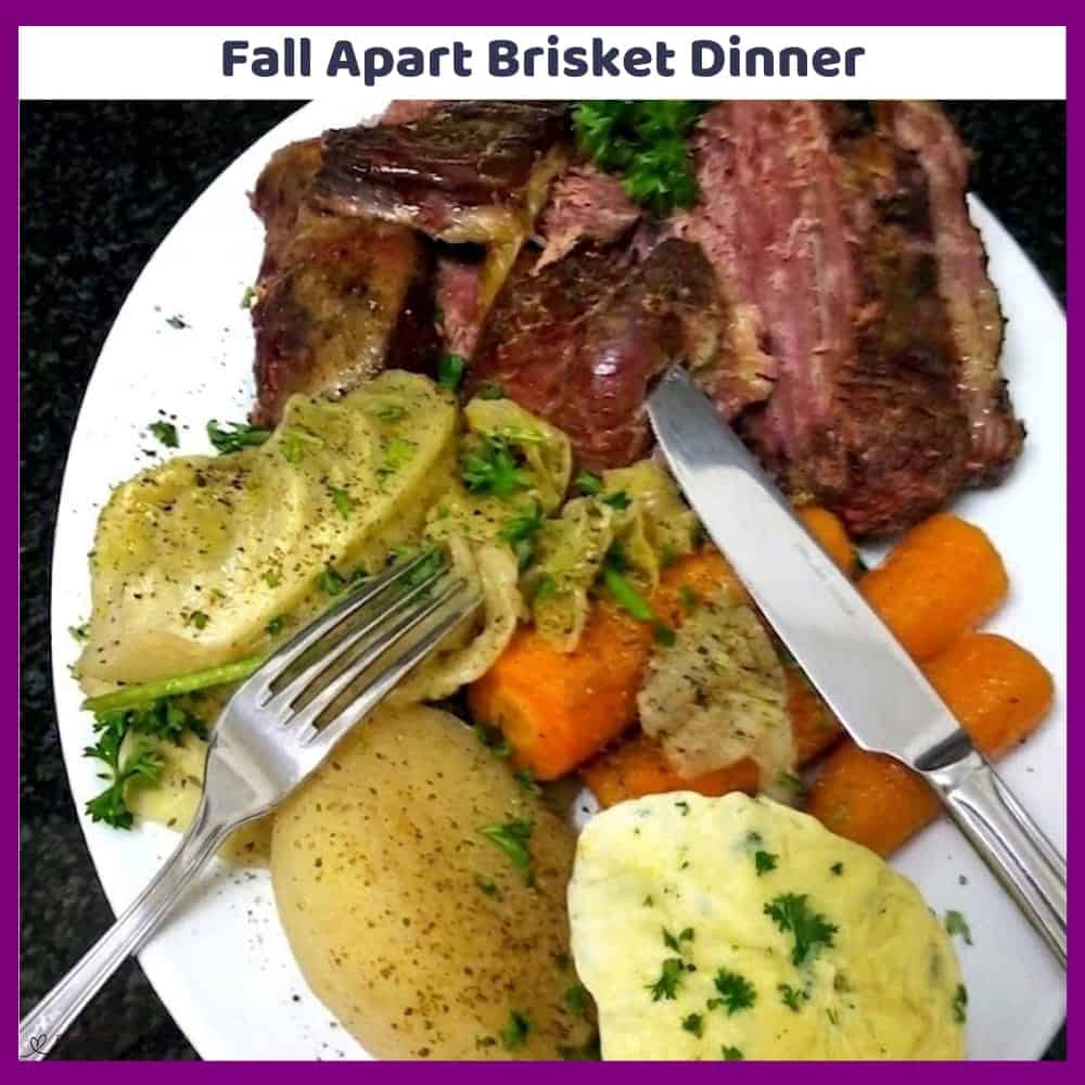 An image of a plate of Pickled Brisket Dinner with potatoes and carrots, with a parsley sauce