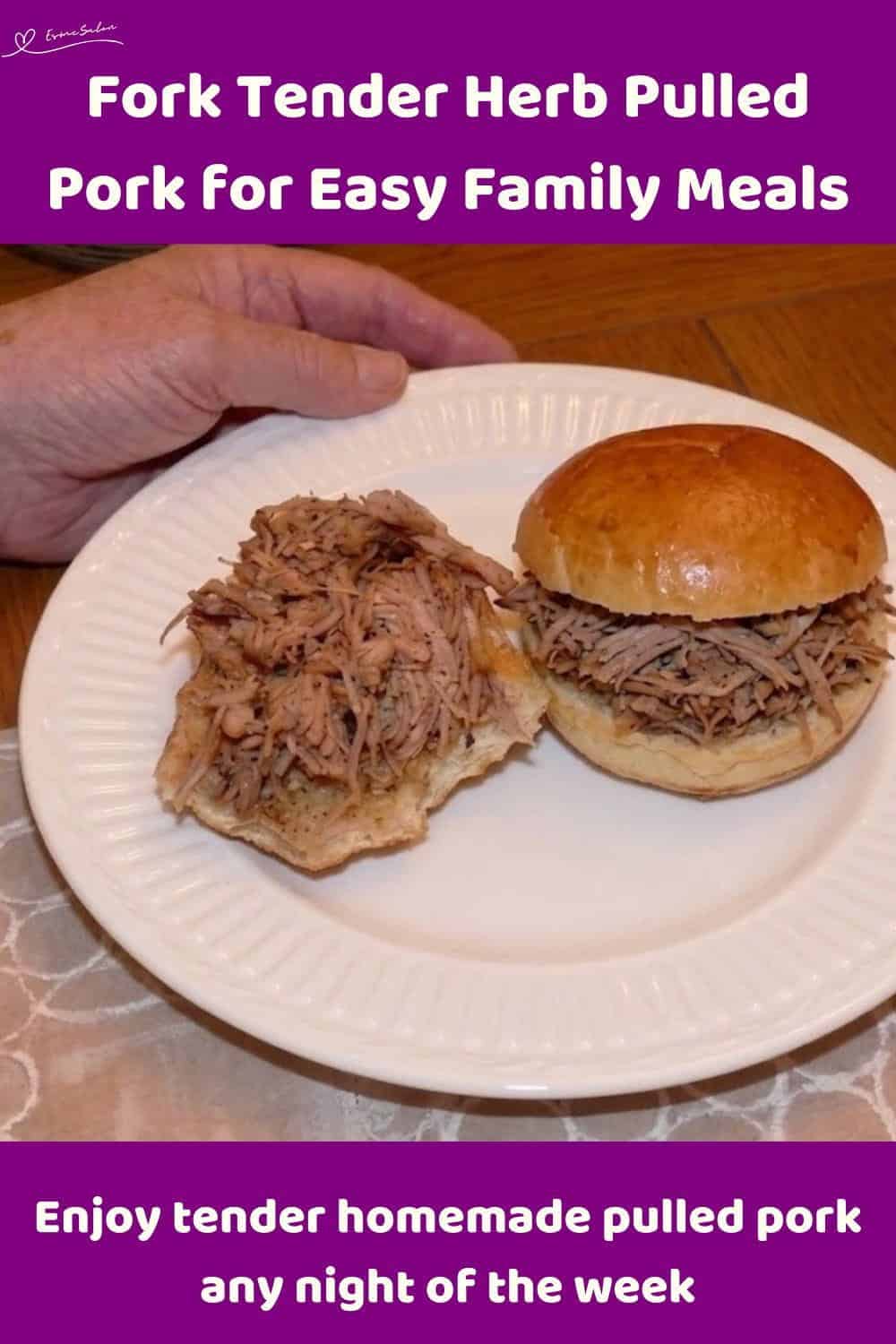 An image of slow-cooked Herb Pulled Pork on a bread roll with a glass of red wine in the background