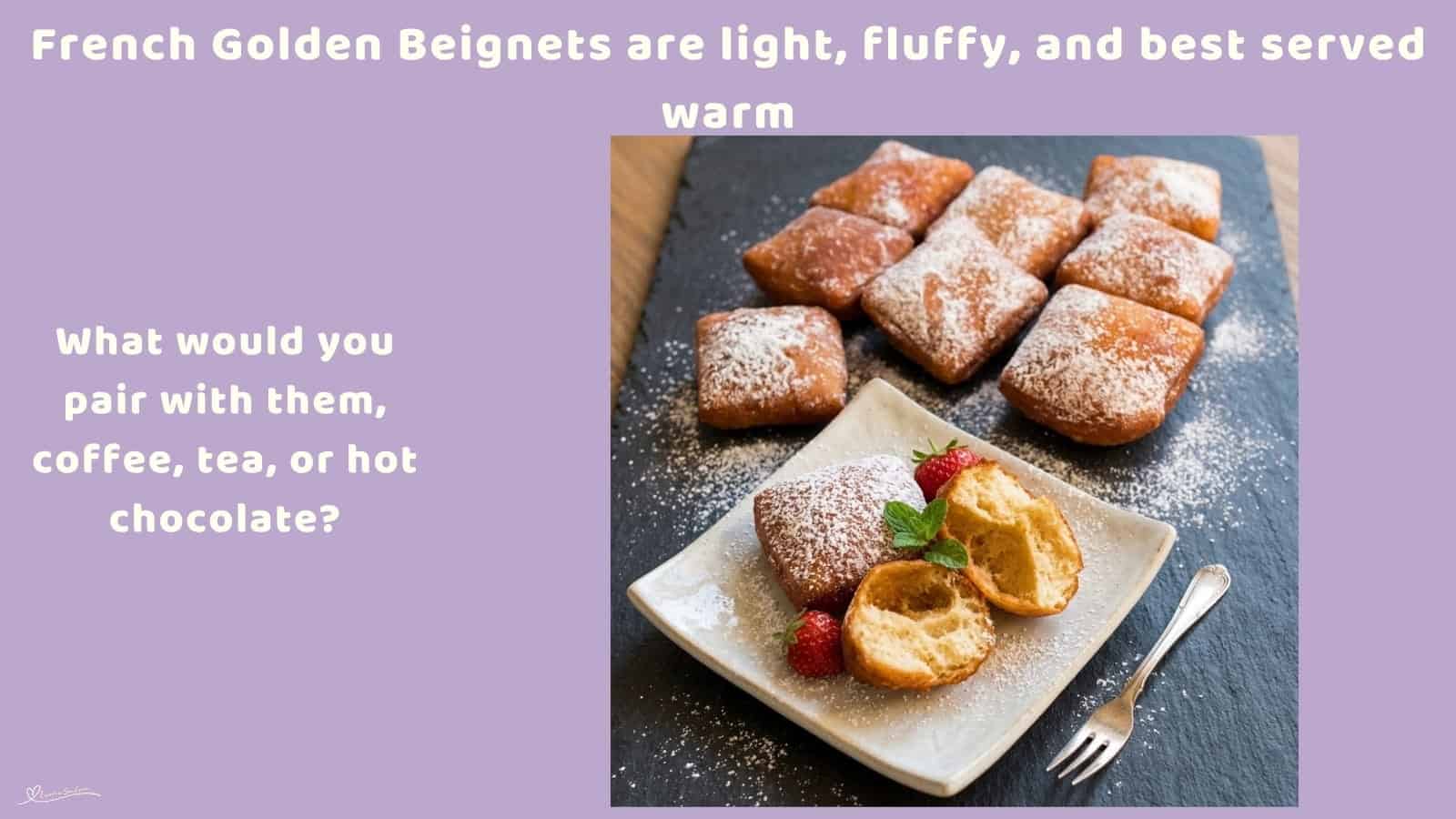 An image of a plate filled with French Golden Beignets with orange zest and Icing sugar