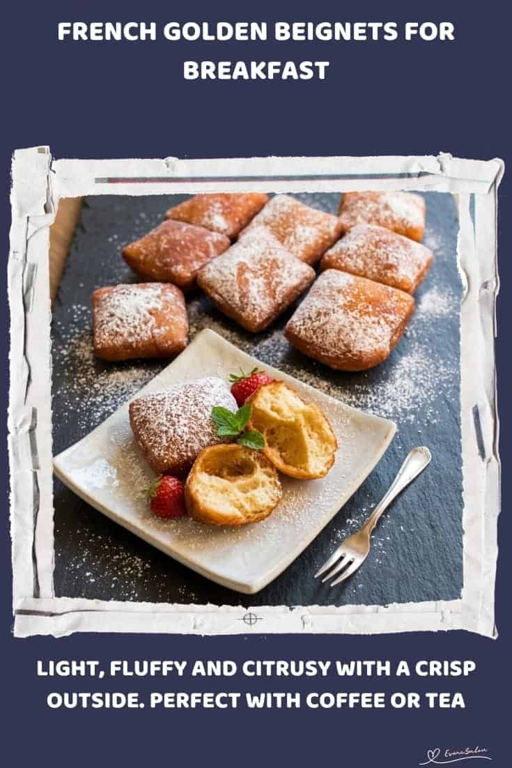 An image of a plate filled with French Golden Beignets with orange zest and Icing sugar