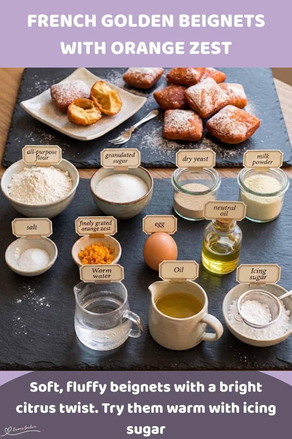 An image of a plate filled with French Golden Beignets with orange zest and Icing sugar
