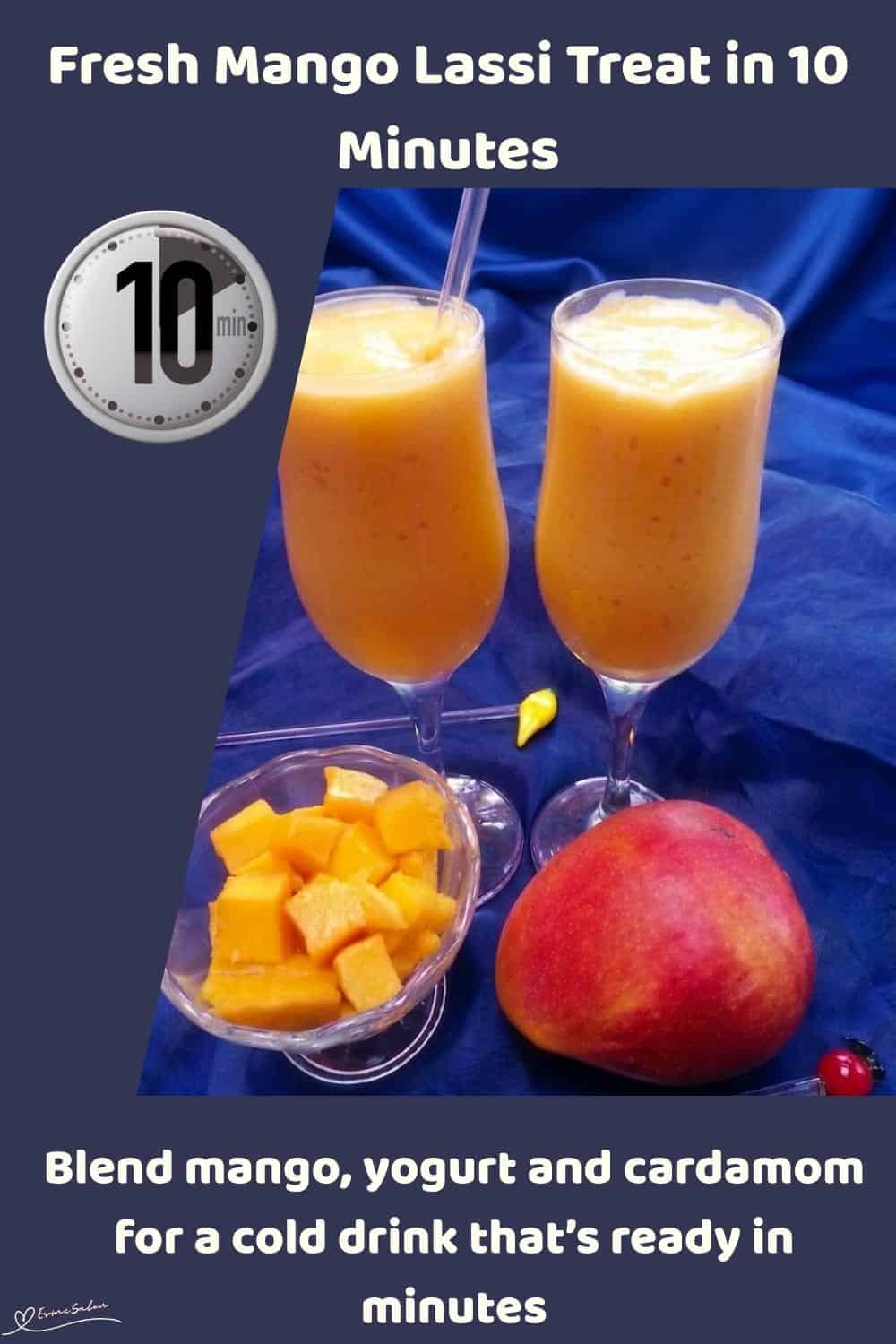 An image of 2 tall glasses of mango lassi with plain yogurt and green cardamom powder