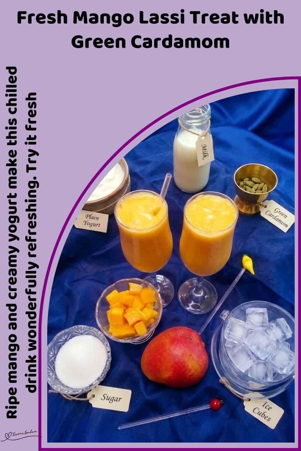An image of 2 tall glasses of mango lassi with plain yogurt and green cardamom powder