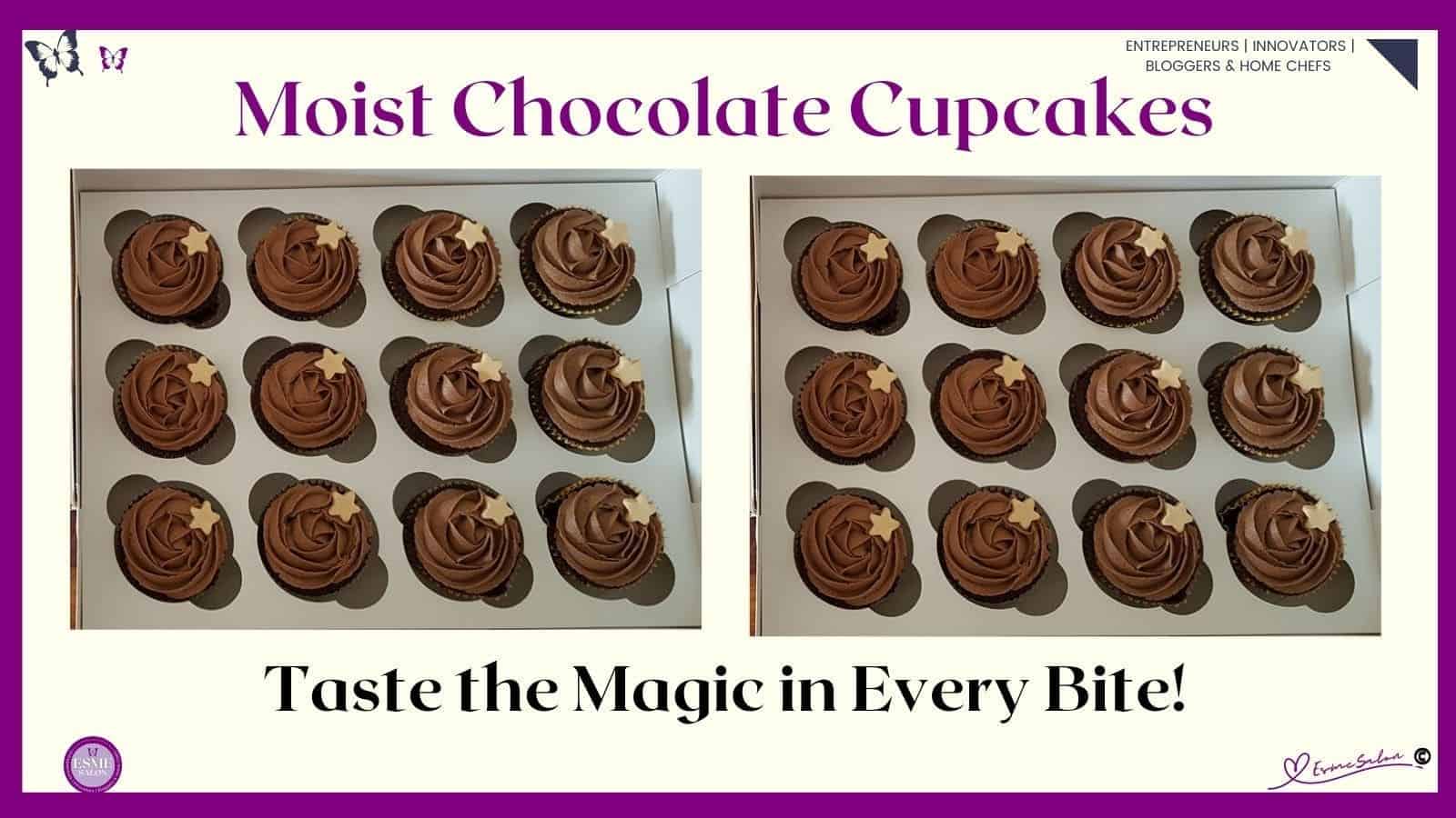 an image of Moist Chocolate Cupcakes with chocolate topping and a golden star as decoration in a cardboard cupcake display tray
