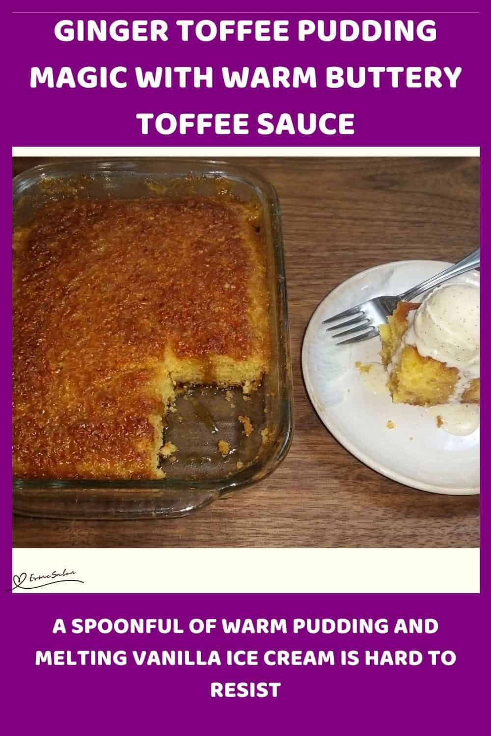An image of a Soft Ginger Toffee Pudding, with brown sugar, golden syrup, and a warm toffee sauce
