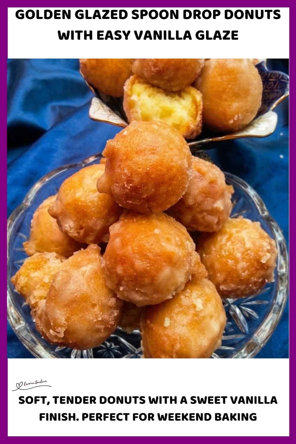 An image of a plate filled with Round Drop Donuts with Golden Glaze