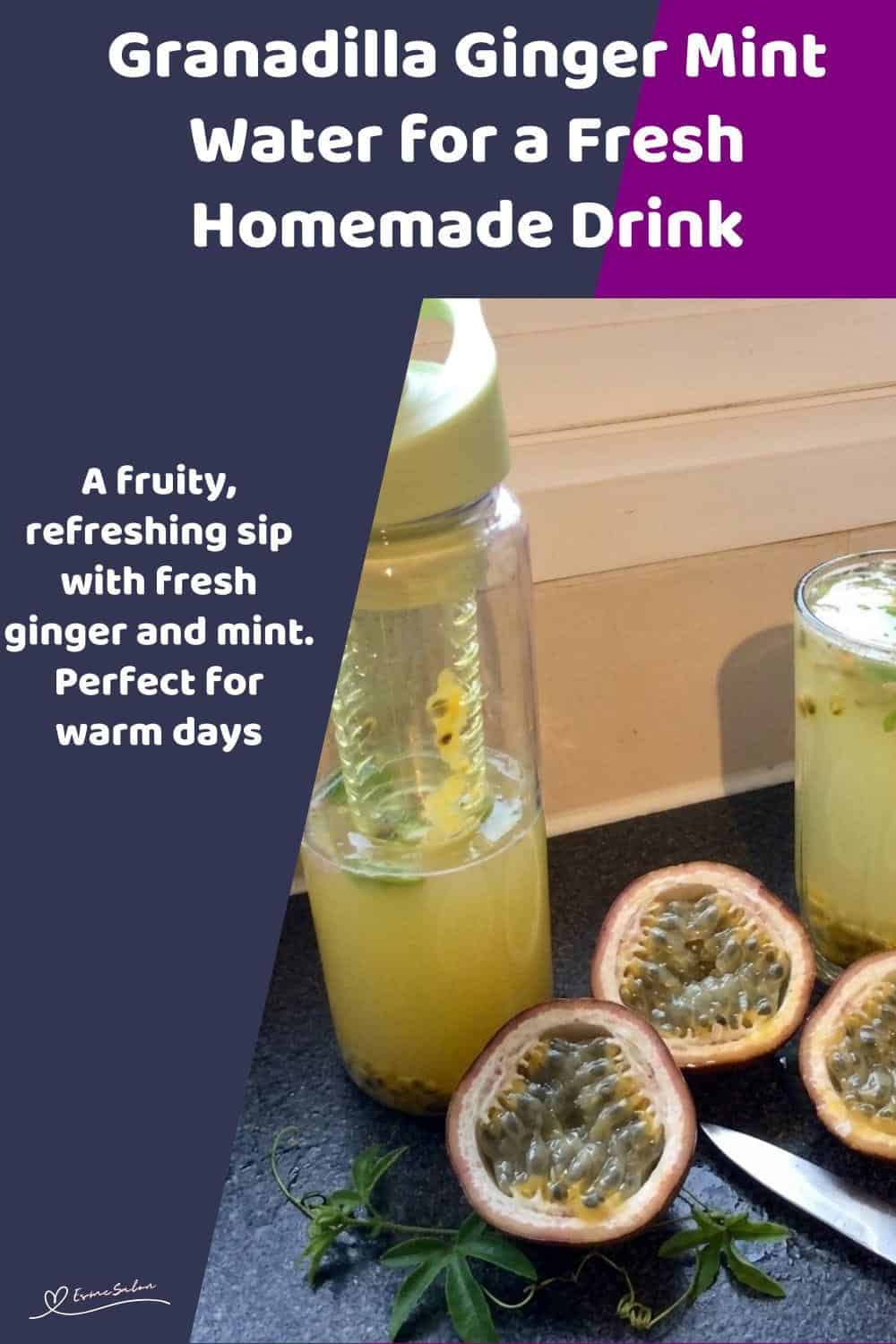 An image of a travel mug with a Granadilla Ginger Mint fruit-infused drink made with granadilla, fresh ginger, mint, honey, and water