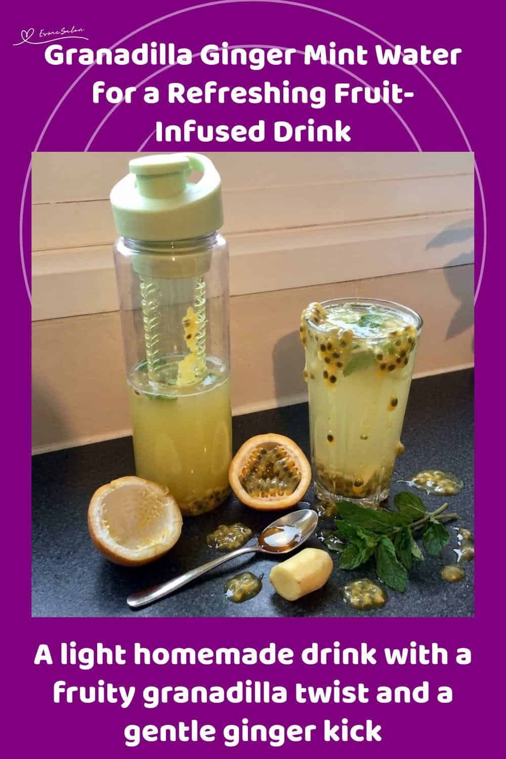 An image of a travel mug with a Granadilla Ginger Mint fruit-infused drink made with granadilla, fresh ginger, mint, honey, and water