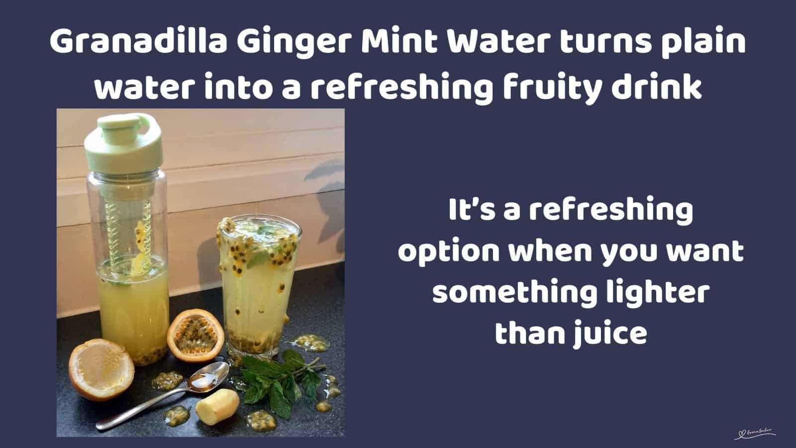 An image of a travel mug with a Granadilla Ginger Mint fruit-infused drink made with granadilla, fresh ginger, mint, honey, and water