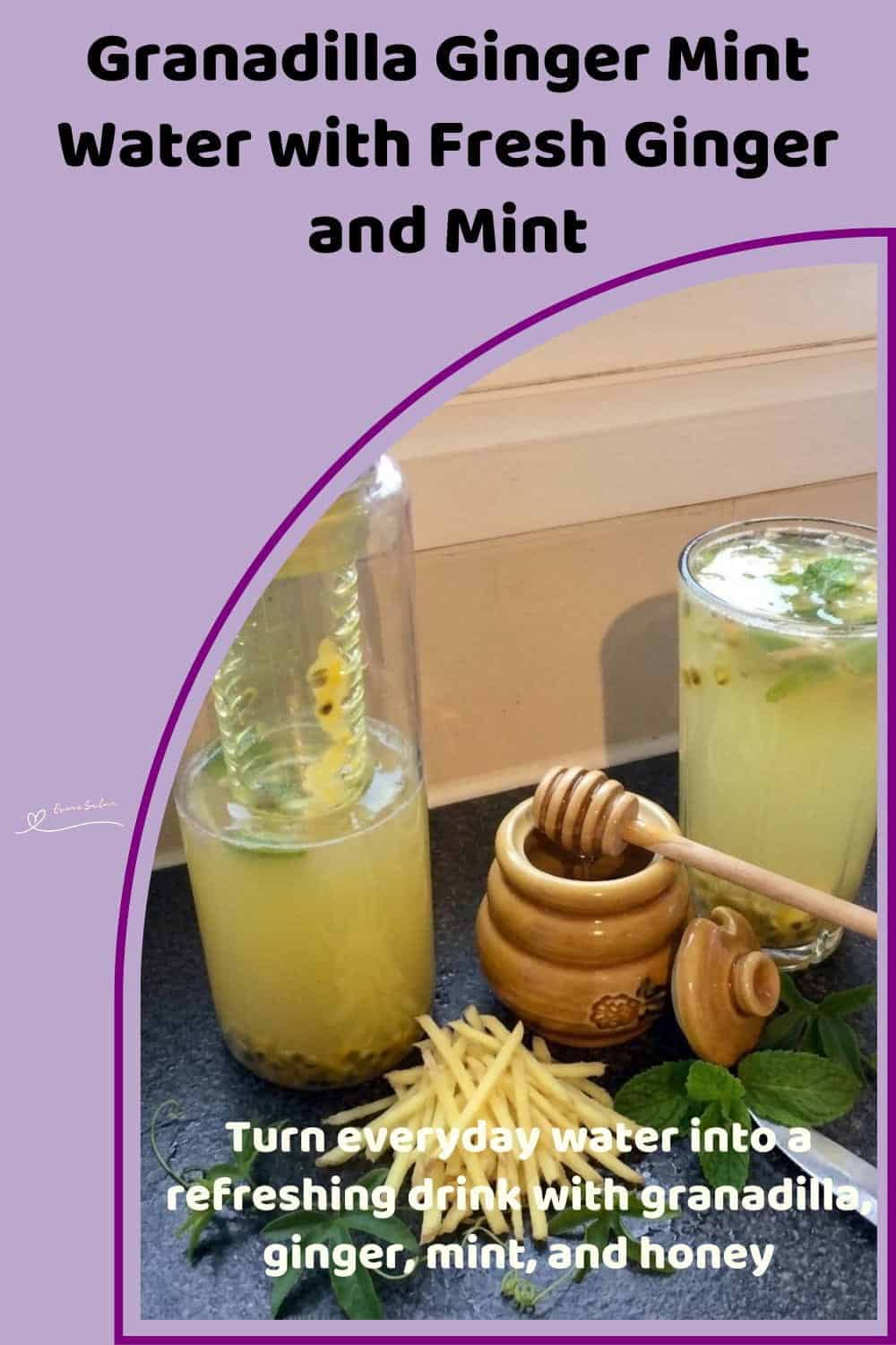 An image of a travel mug with a Granadilla Ginger Mint fruit-infused drink made with granadilla, fresh ginger, mint, honey, and water