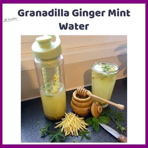 An image of a travel mug with a Granadilla Ginger Mint fruit-infused drink made with granadilla, fresh ginger, mint, honey, and water