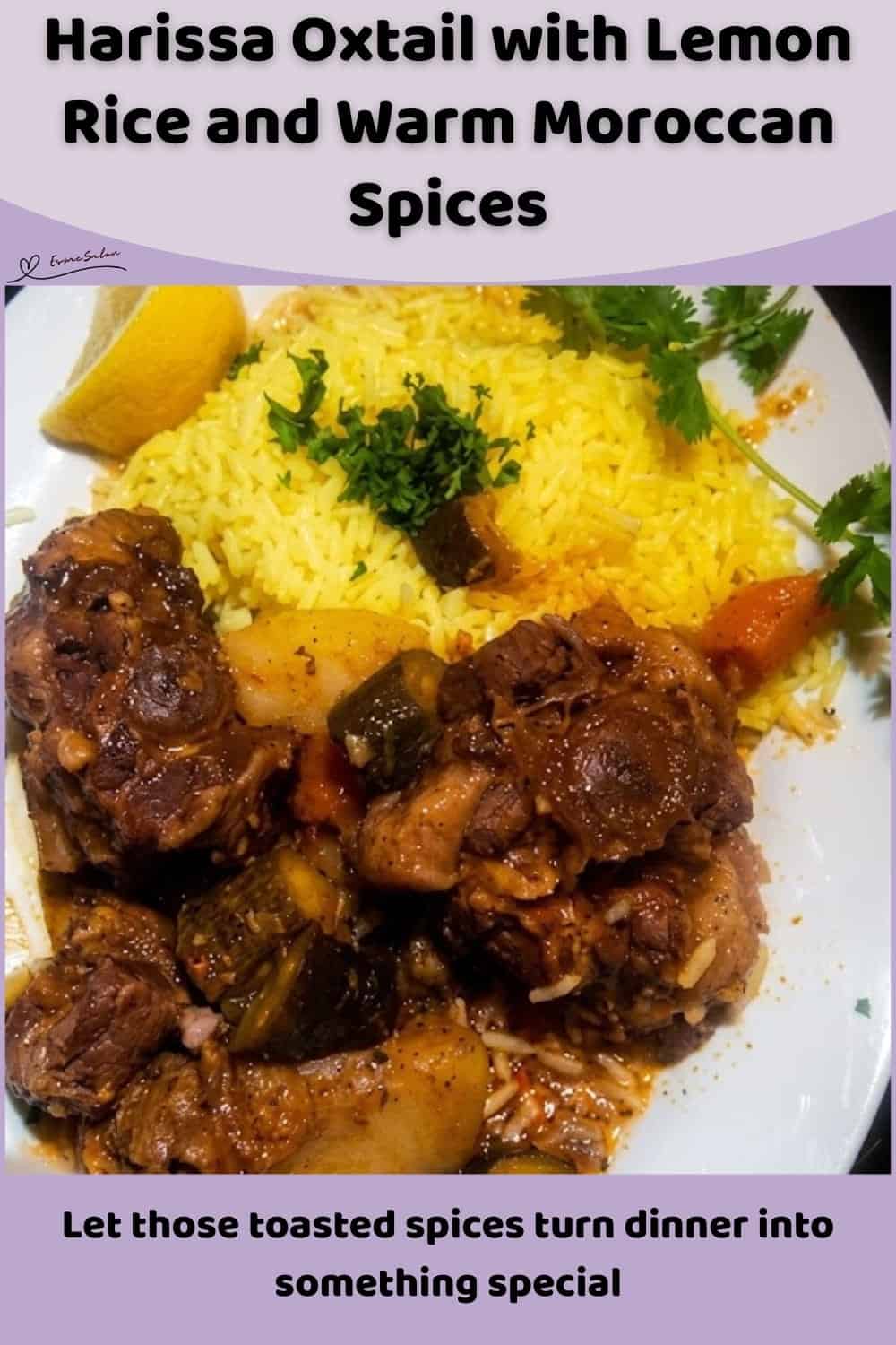 An image of a plate filled with Harissa Oxtail with Lemon Basmati Rice, toasted whole spices, tomatoes and Moroccan seasoning