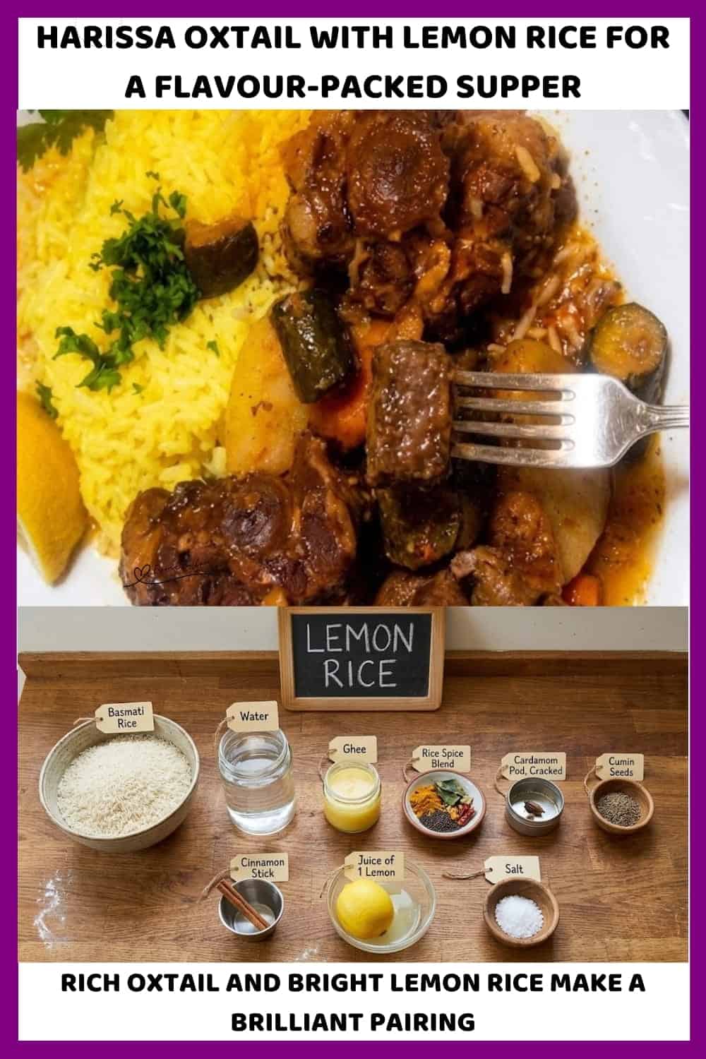 An image of a plate filled with Harissa Oxtail with Lemon Basmati Rice, toasted whole spices, tomatoes and Moroccan seasoning