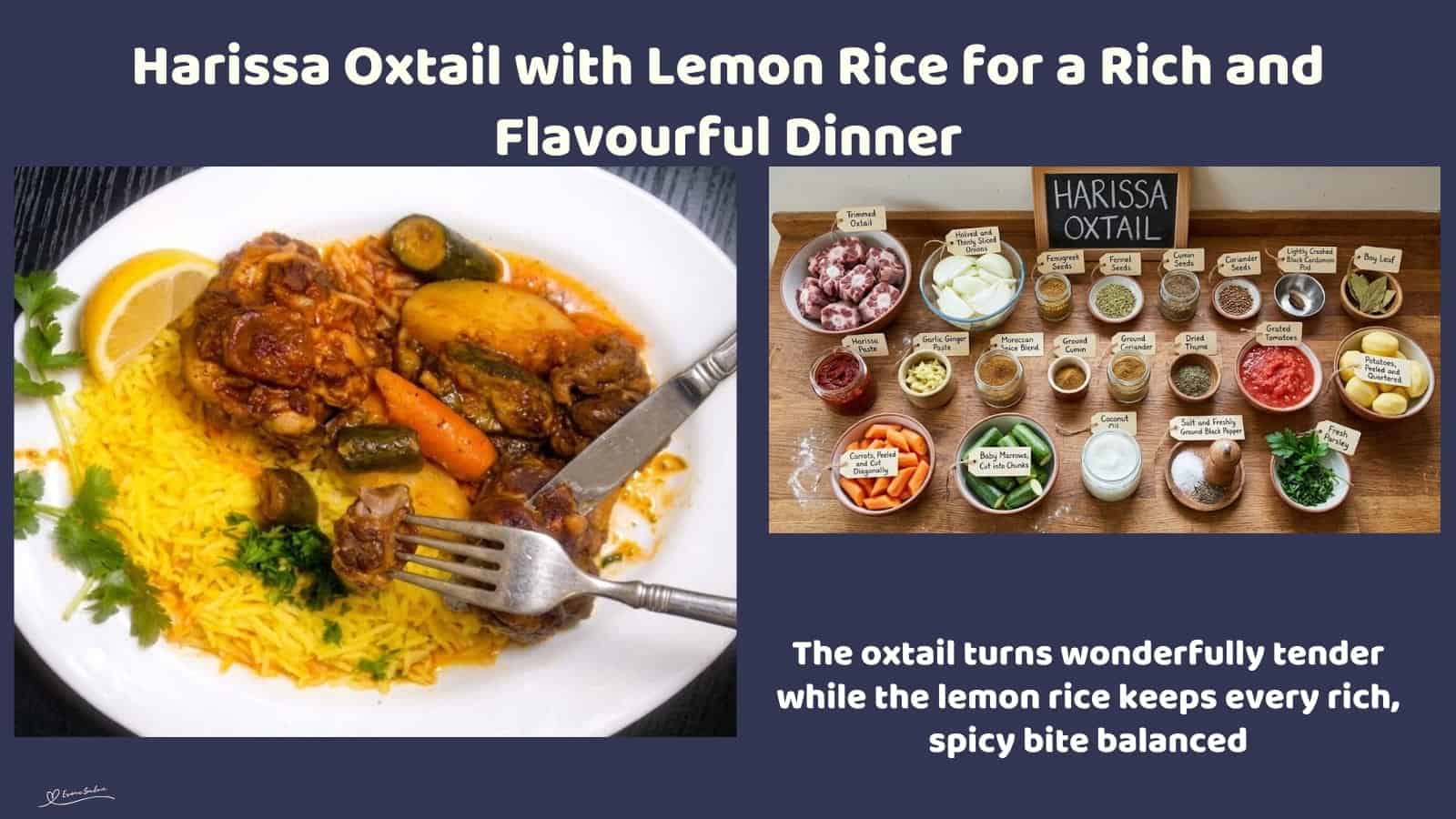 An image of a plate filled with Harissa Oxtail with Lemon Basmati Rice, toasted whole spices, tomatoes and Moroccan seasoning