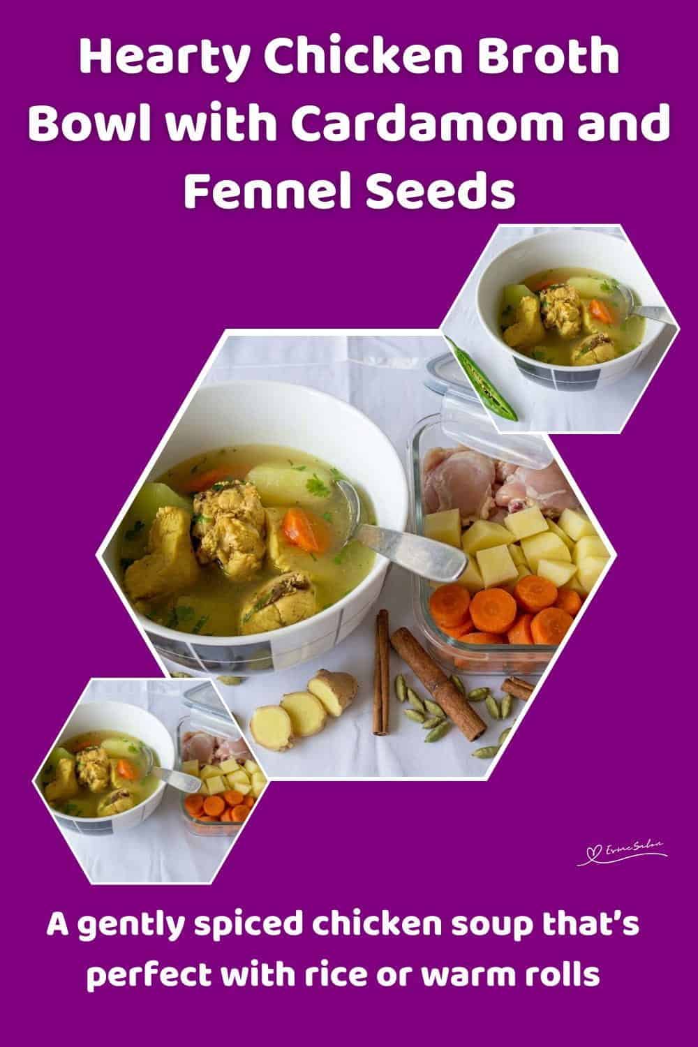An image of a bowl of Hearty Chicken Broth Bowl with ginger, fennel, chili and potato