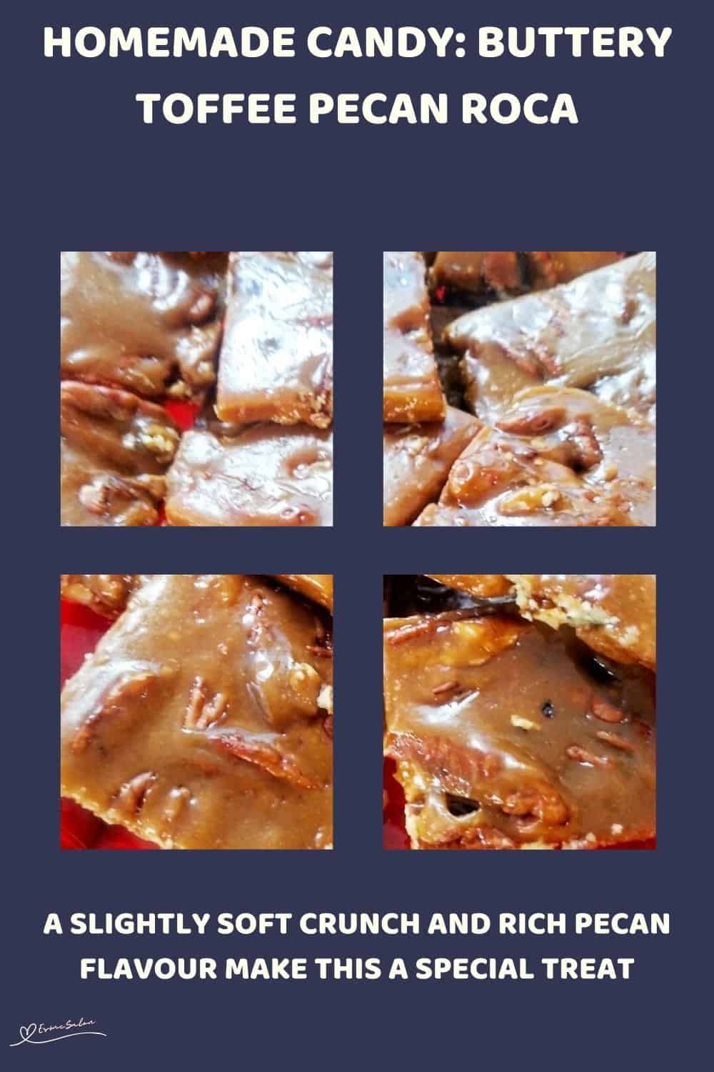 An image of a red serving dish with Buttery Toffee Pecan Roca