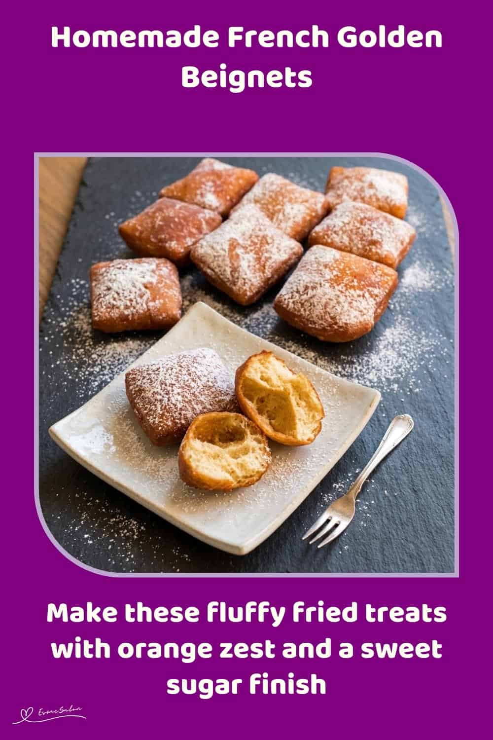 An image of a plate filled with French Golden Beignets with orange zest and Icing sugar