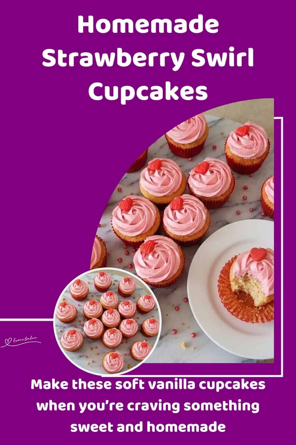 An image of a box and side plate with Strawberry Swirl Cupcakes with pink frosting and a small red heart as decoration