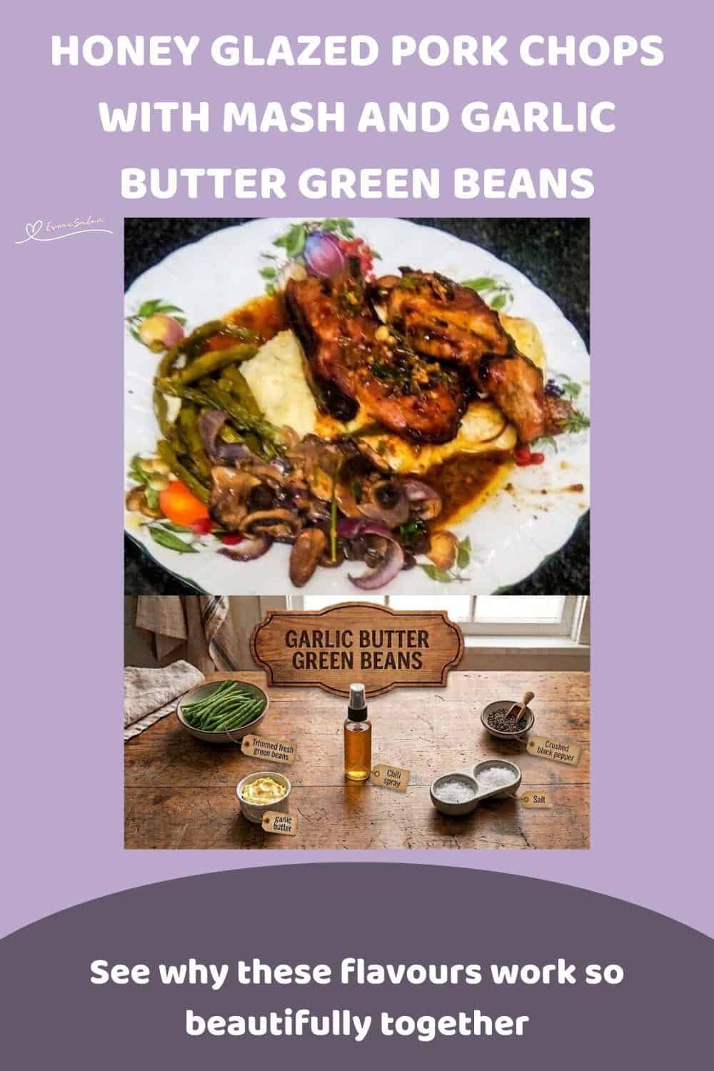An image of a plate with Honey Glazed Pork Chops with creamy potatoes, Garlic Butter Green Beans and Mushrooms and Red Onions