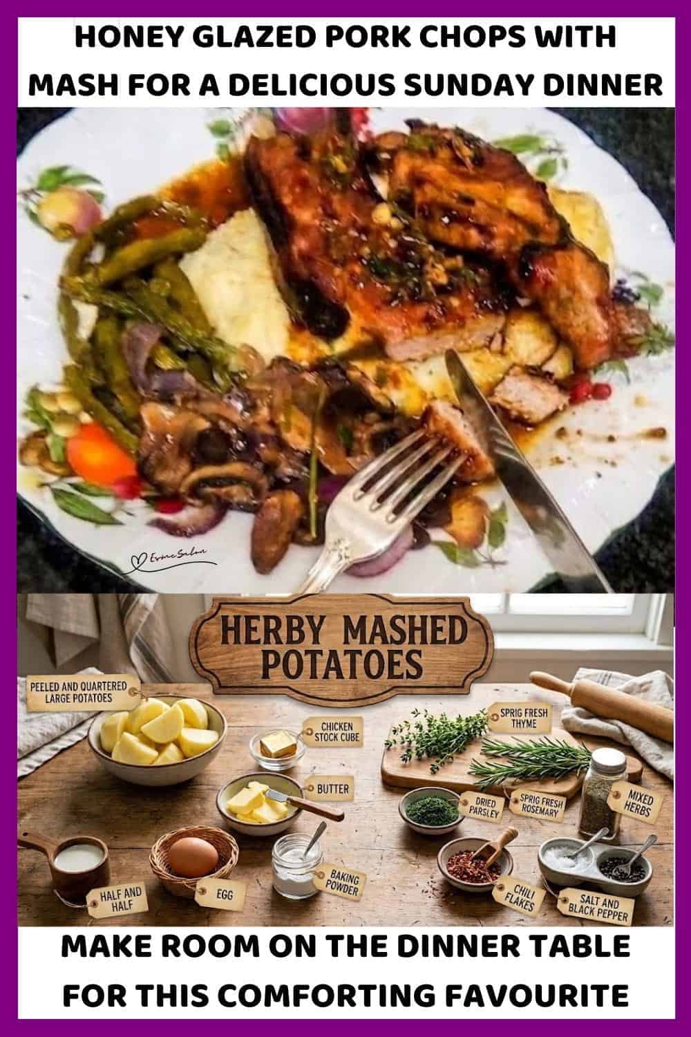 An image of a plate with Honey Glazed Pork Chops with creamy potatoes, Garlic Butter Green Beans and Mushrooms and Red Onions