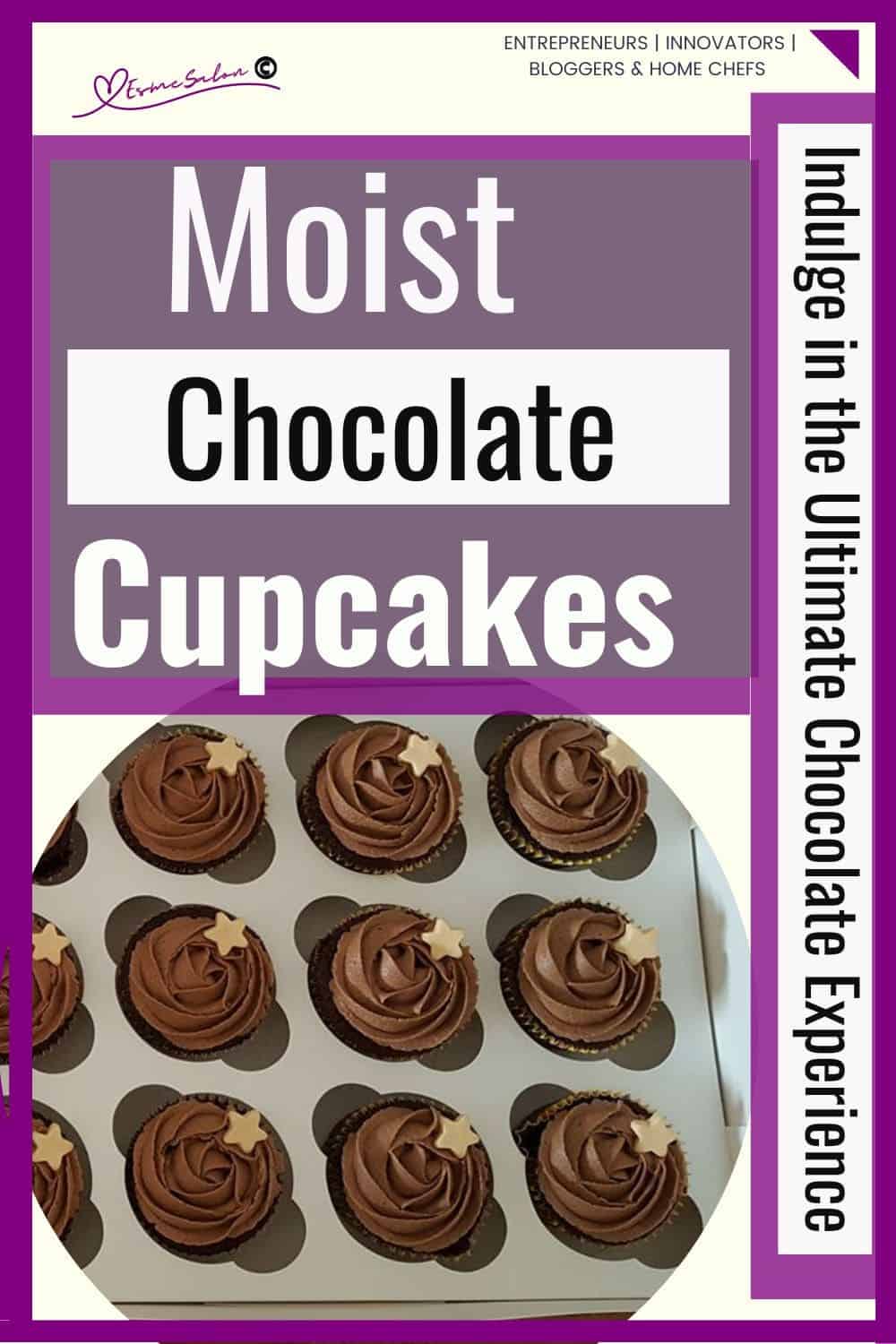 an image of Moist Chocolate Cupcakes with chocolate topping and a golden star as decoration in a cardboard cupcake display tray
