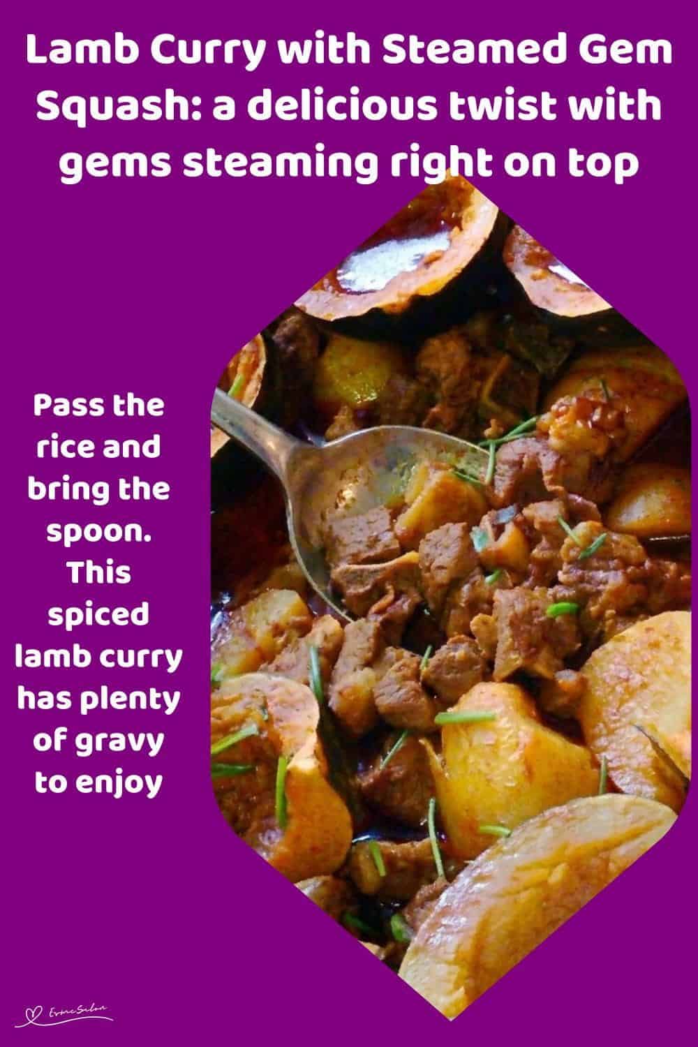 An image of a bowl of Lamb Curry with Steamed Gem Squash on top and made in a pot