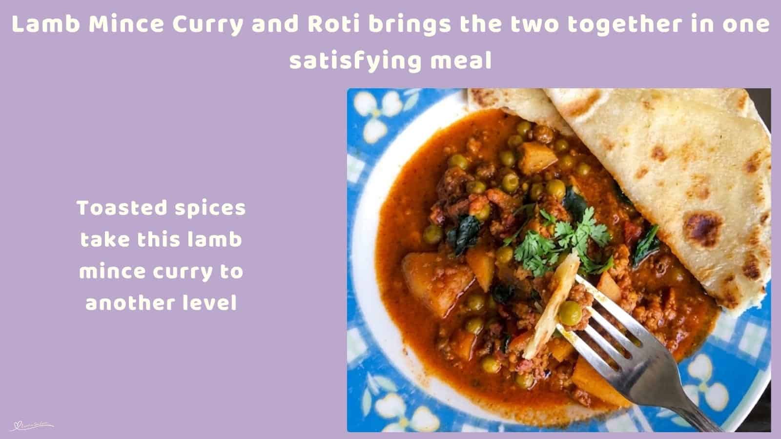 An image of a plate filled with Lamb Mince Curry with potato and Green peas with Roti