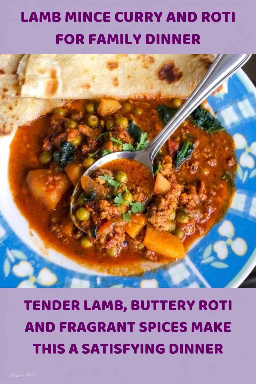 An image of a plate filled with Lamb Mince Curry with potato and Green peas with Roti