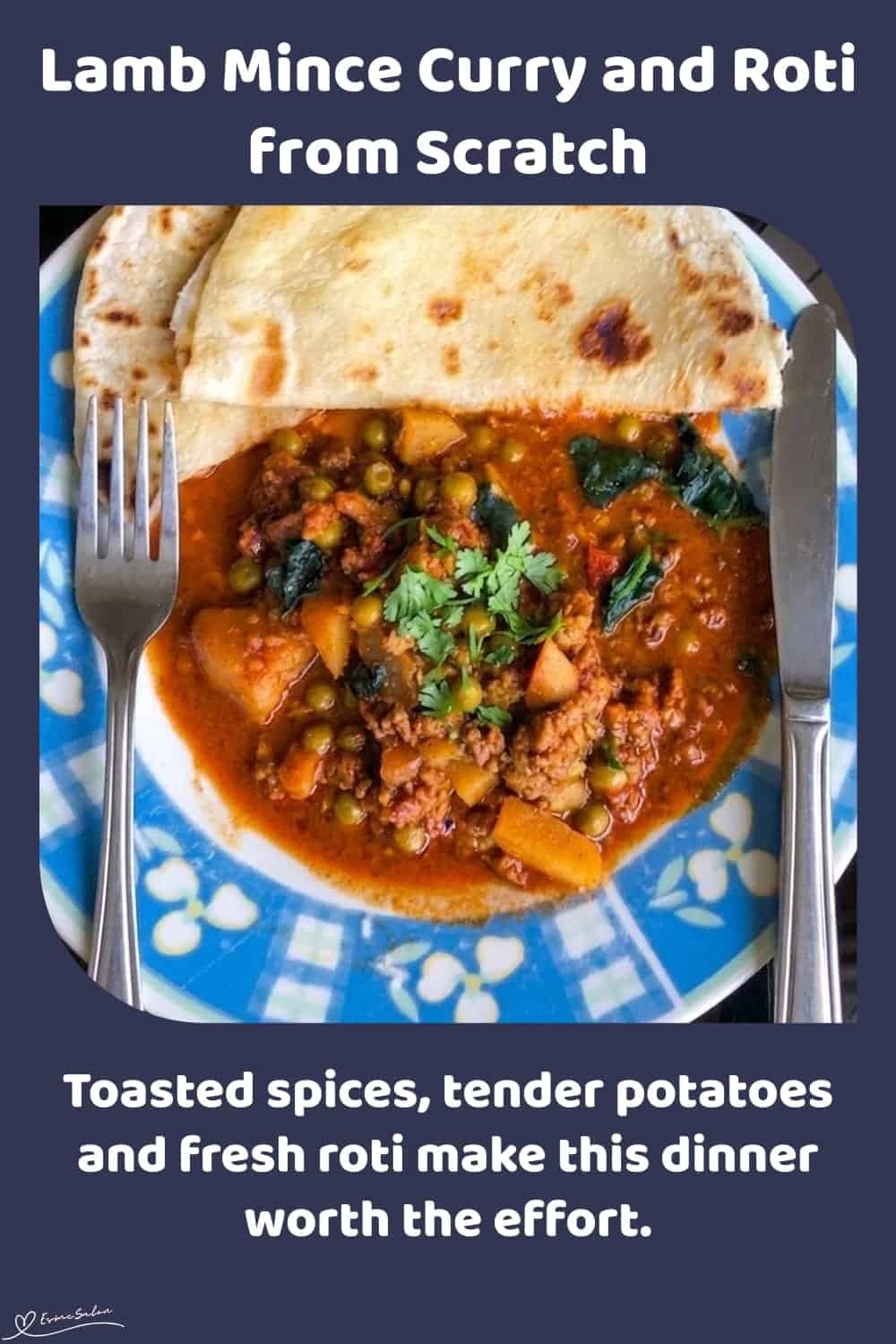 An image of a plate filled with Lamb Mince Curry with potato and Green peas with Roti