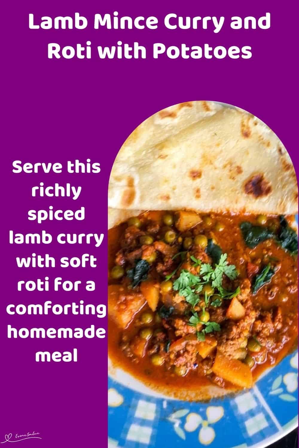 An image of a plate filled with Lamb Mince Curry with potato and Green peas with Roti
