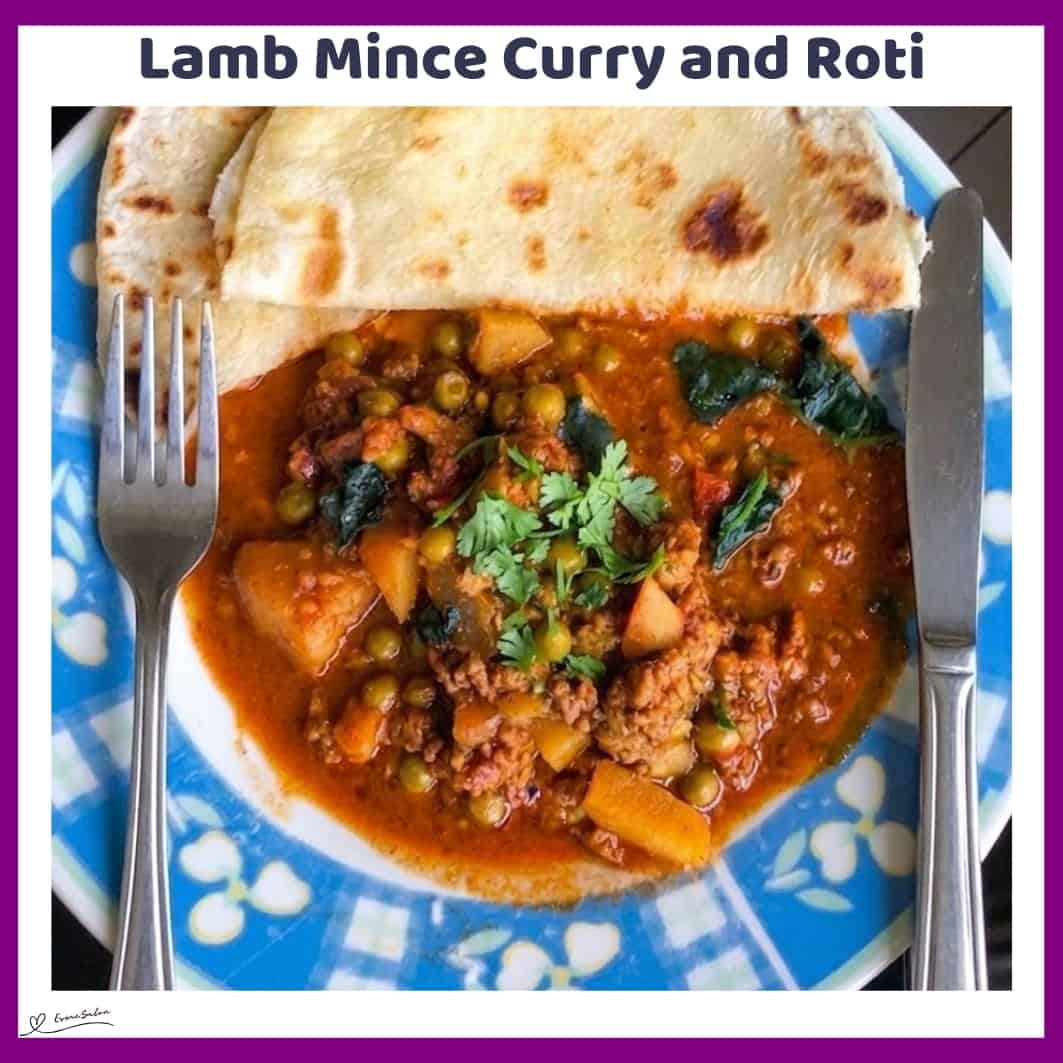 An image of a plate filled with Lamb Mince Curry with potato and Green peas with Roti