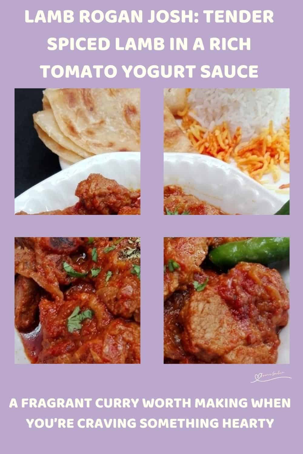 An image of a plate of Lamb Rogan Josh with tender lamb, tomato, yogurt and warming spices