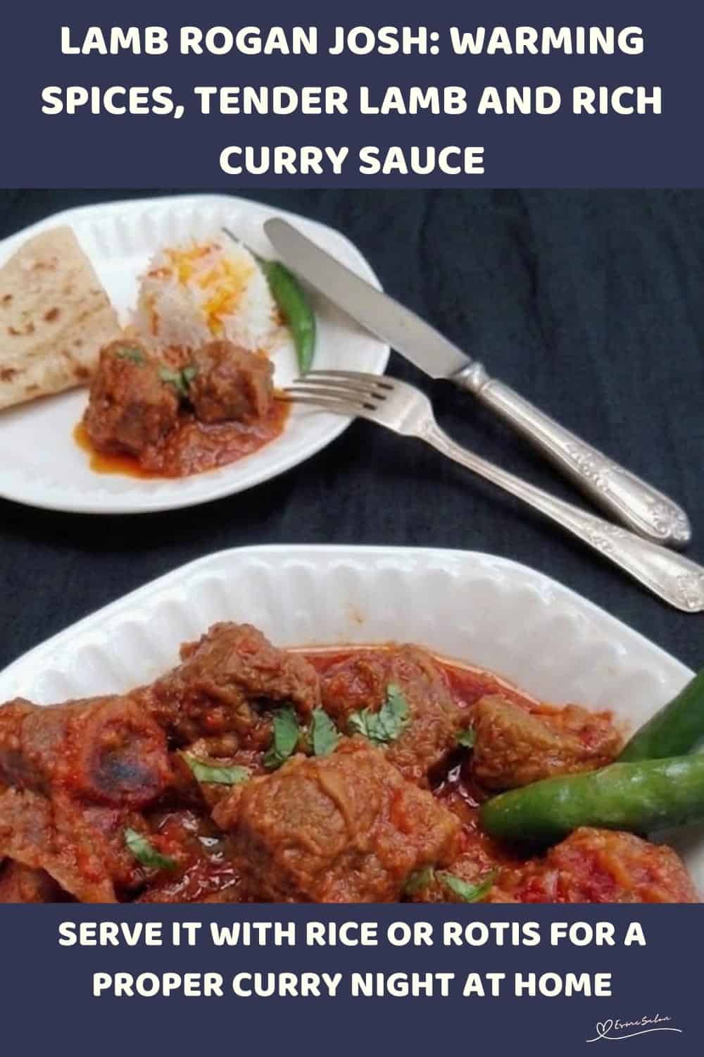 An image of a plate of Lamb Rogan Josh with tender lamb, tomato, yogurt and warming spices
