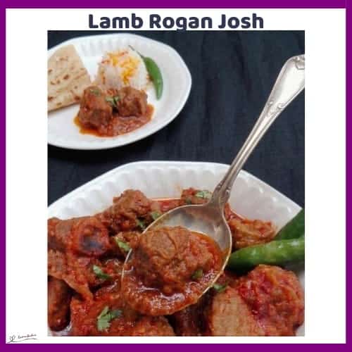 An image of a plate of Lamb Rogan Josh with tender lamb, tomato, yogurt and warming spices