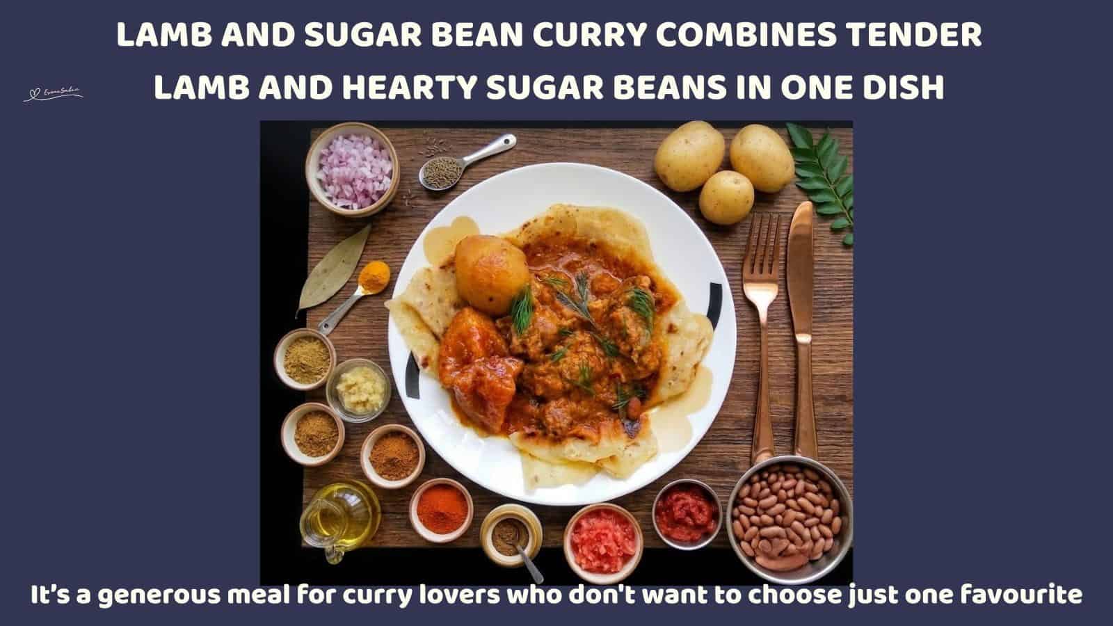 An image of a plate with Lamb and Sugar Bean Curry combined in one meal with naan