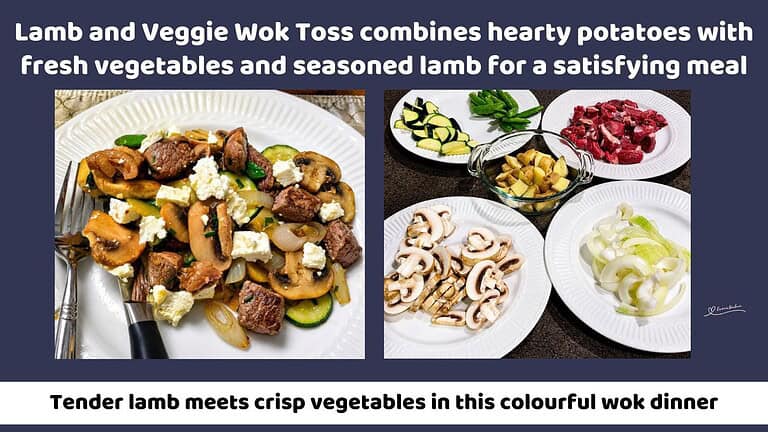 An image of Lamb and Veggie Wok Toss with mushrooms, zucchini, snap peas and Feta