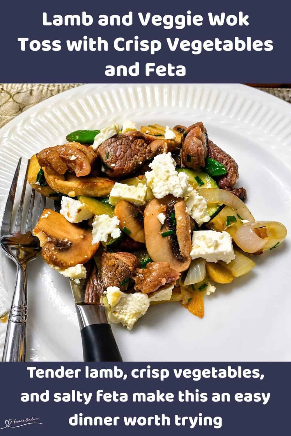 An image of Lamb and Veggie Wok Toss with mushrooms, zucchini, snap peas and Feta