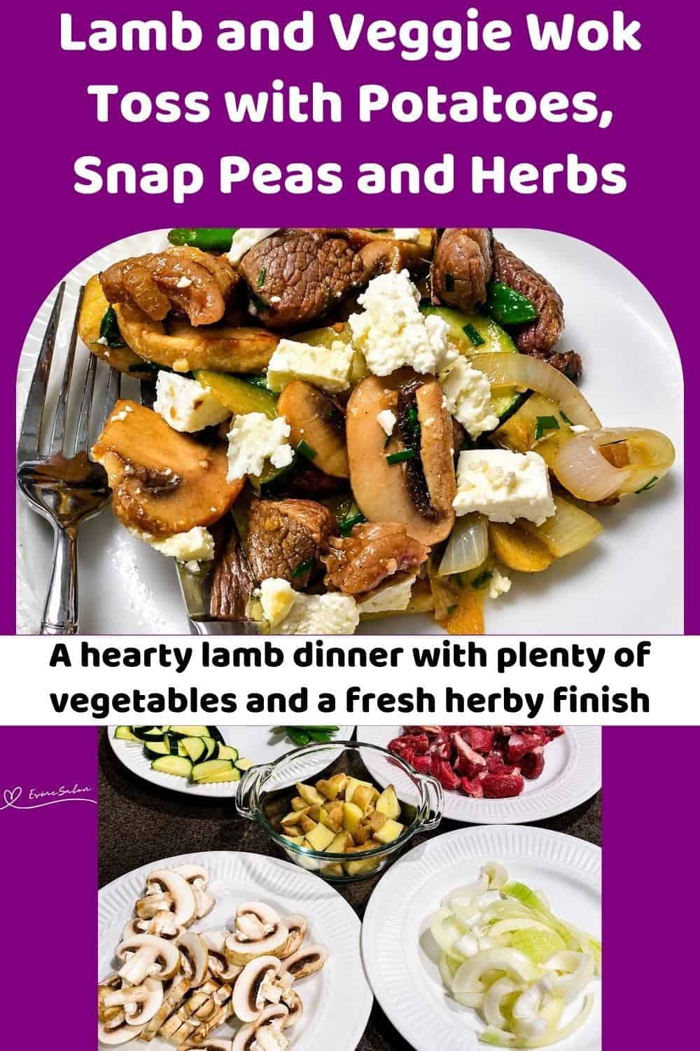 An image of Lamb and Veggie Wok Toss with mushrooms, zucchini, snap peas and Feta