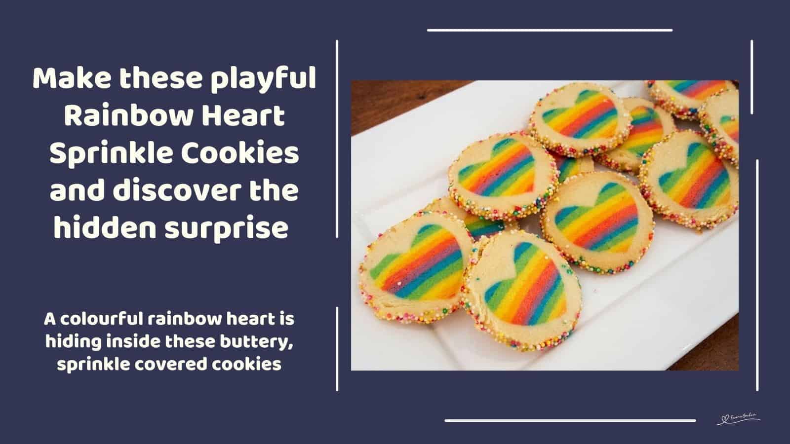 An image of a plate of Butter Rainbow Heart Sprinkle Cookies