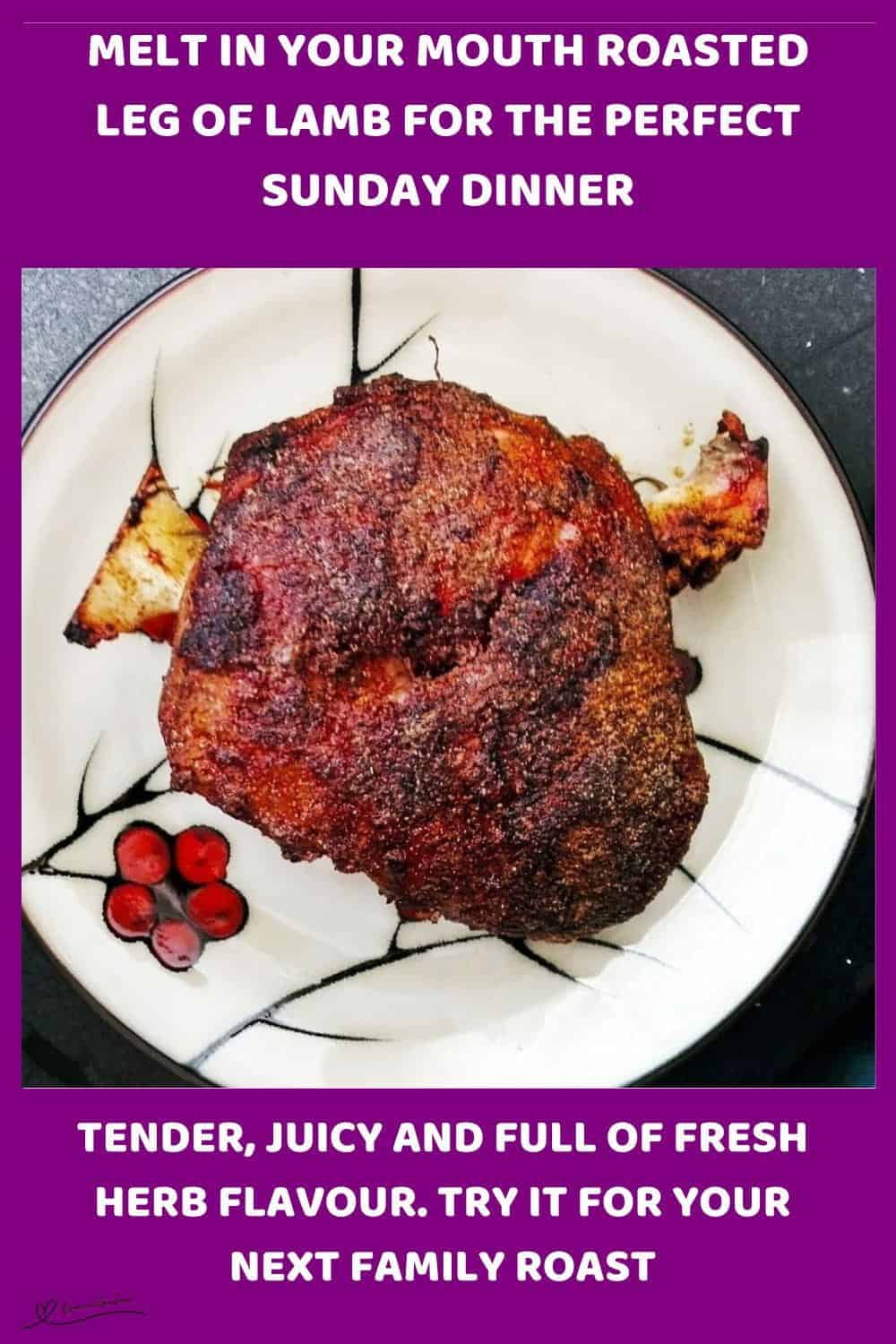An image of a Roasted Leg of Lamb with garlic, mint and thyme