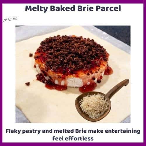 An image of Brie wrapped in Flaky Pastry with chili sauce, bacon bits and parmesan cheese
