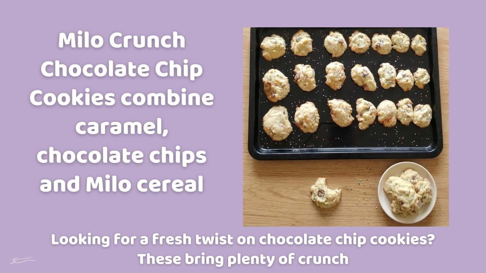 An image of a baking tray with Milo Crunch Chocolate Chip Cookies with sprinkles