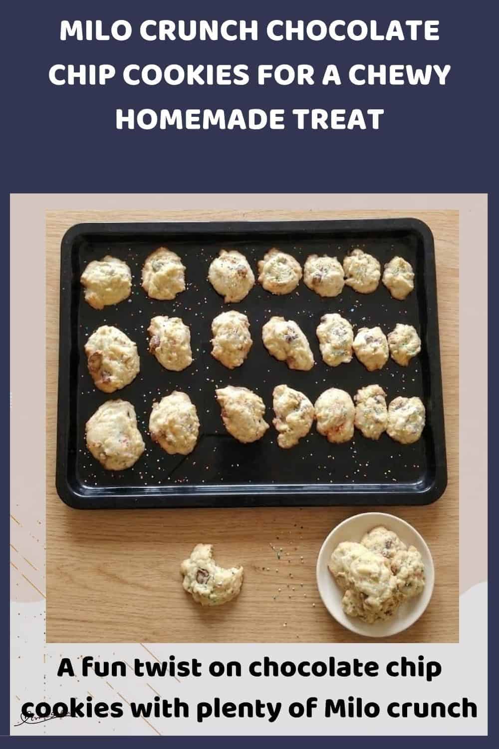 An image of a baking tray with Milo Crunch Chocolate Chip Cookies with sprinkles