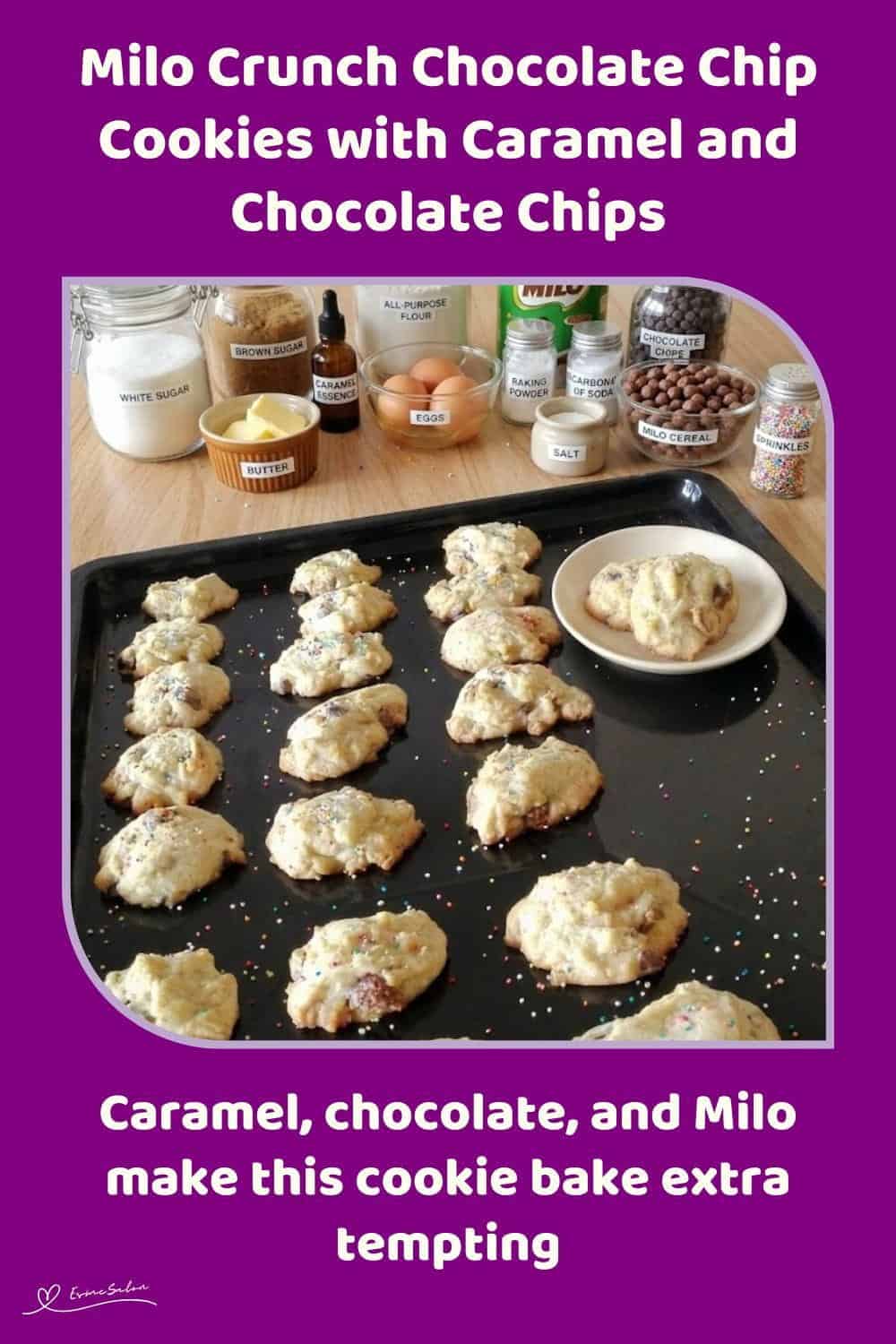An image of a baking tray with Milo Crunch Chocolate Chip Cookies with sprinkles