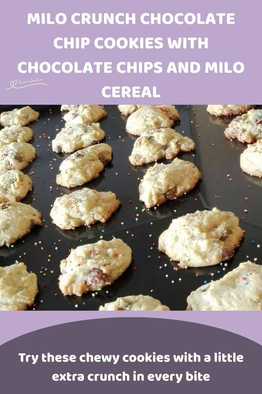 An image of a baking tray with Milo Crunch Chocolate Chip Cookies with sprinkles