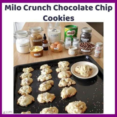 An image of a baking tray with Milo Crunch Chocolate Chip Cookies with sprinkles
