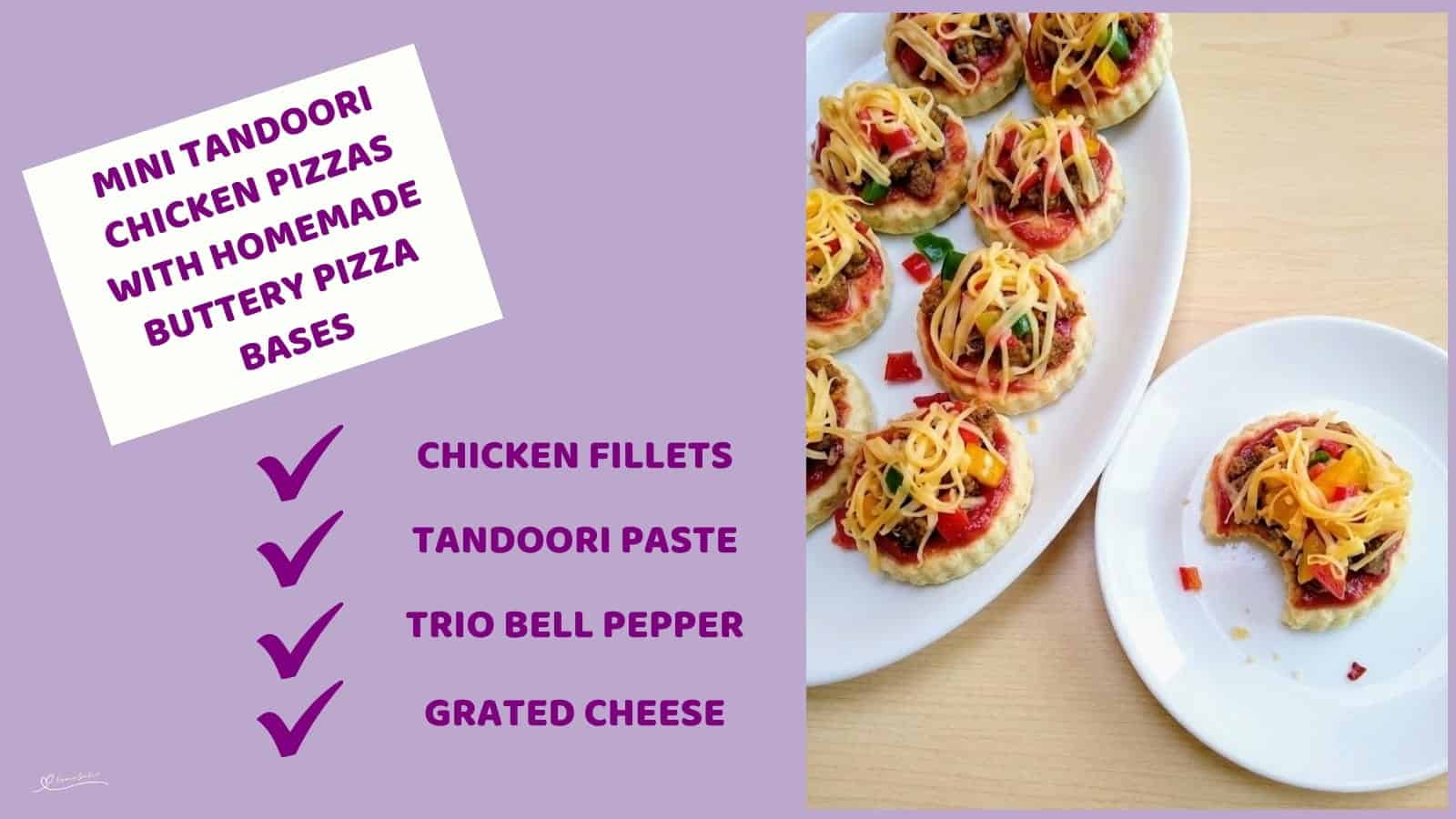 An image of a platter with Mini Chicken Pizzas with bell pepper, tandoori chicken and cheese