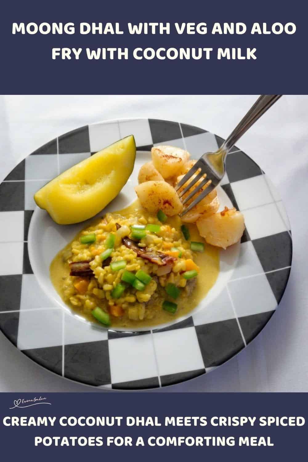 An image of Moong Dhal with Veg and Aloo Fry with a coconut sauce and squash on the side