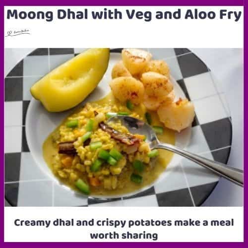An image of Moong Dhal with Veg and Aloo Fry with a coconut sauce and squash on the side