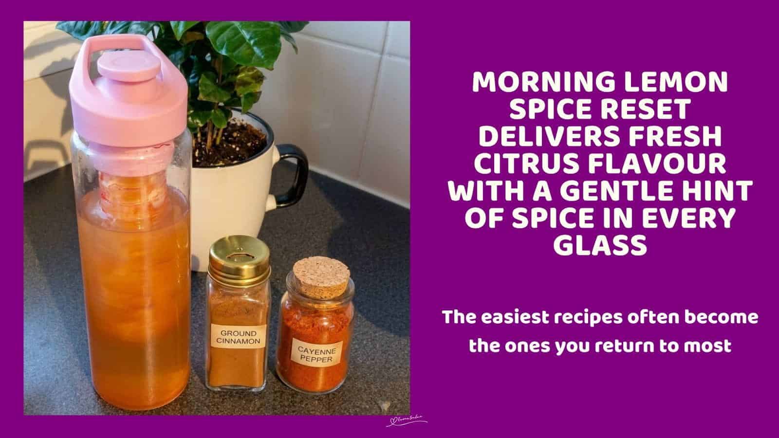 An image of a travel mug with Morning Lemon Spice Reset made with fresh lemon, honey, cinnamon, and cayenne pepper